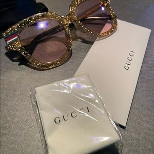 AUTH GUCCI GG0281SA 004 Sunglasses, Gold Glitter Acetate w/ Pink Lenses, ITALY